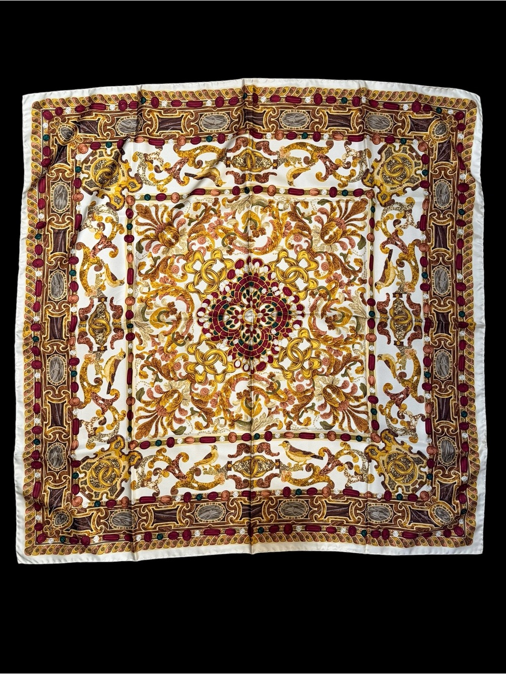CHANEL Baroque Medallion Silk Scarf in White, Gold & Red